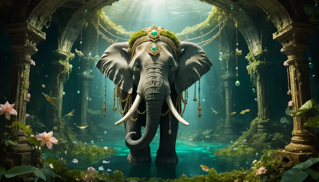 Winged elephants drifting through glowing underwater ruins