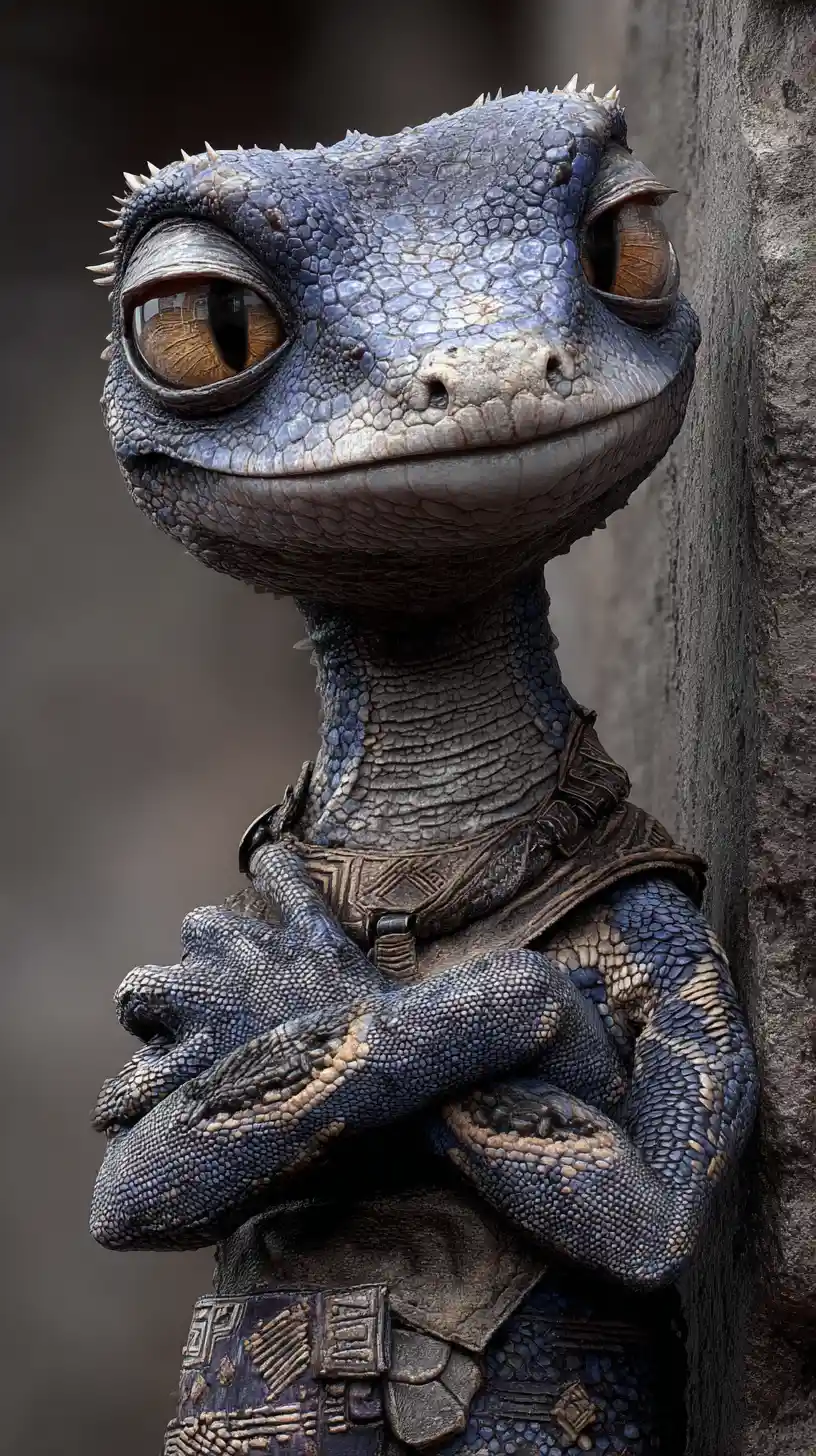 Stylized 3D gecko with folded arms in gothic setting