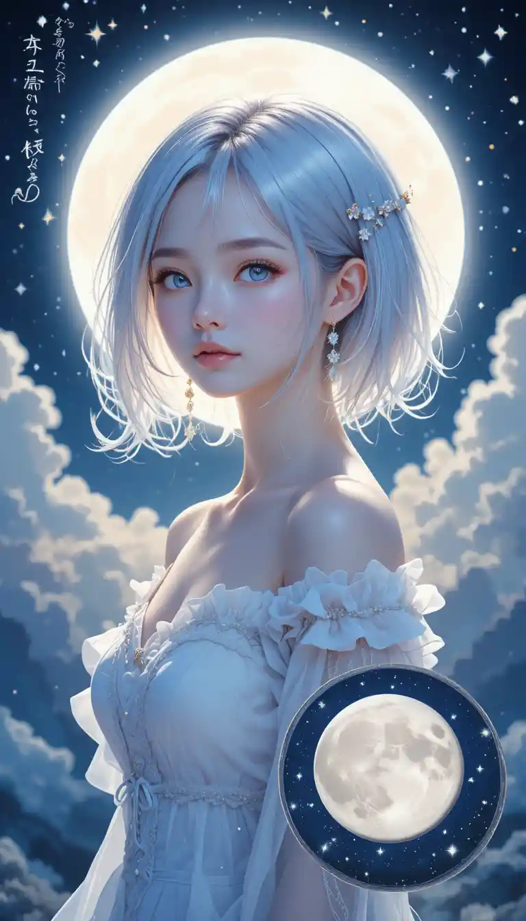 Moonlit anime girl with silver hair and celestial aura