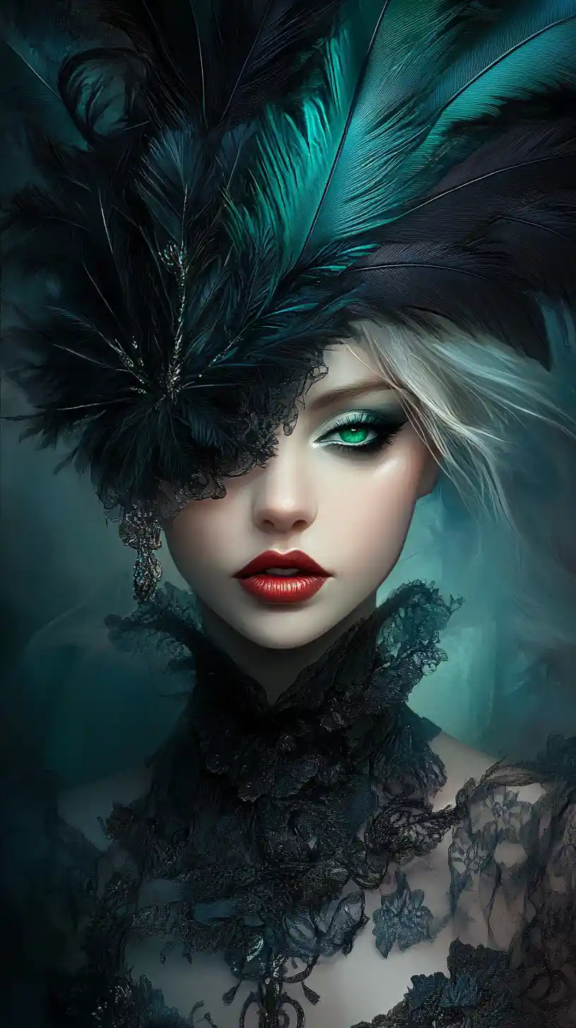 Close up fashion woman with feathered headpiece and lace