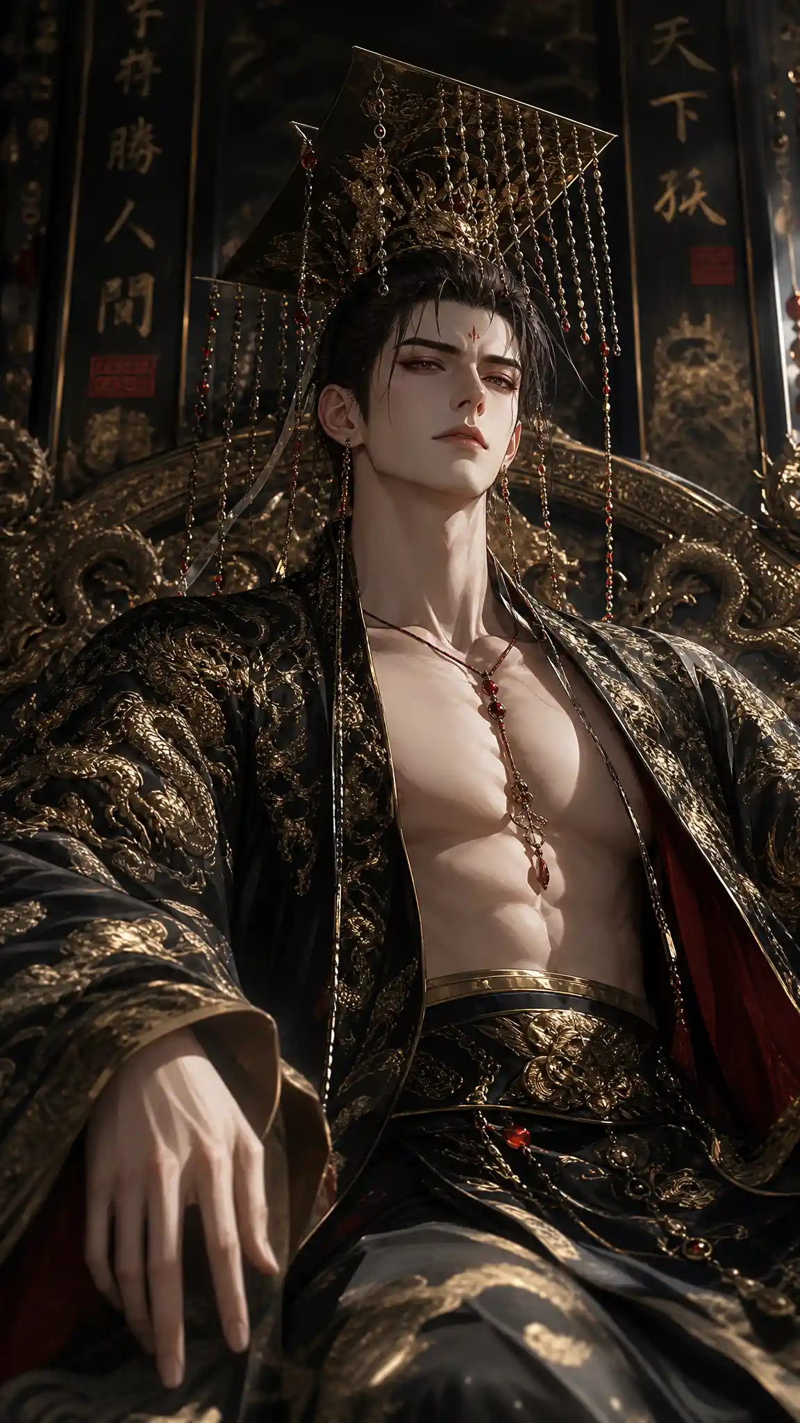 Arrogant young emperor in open robe anime illustration