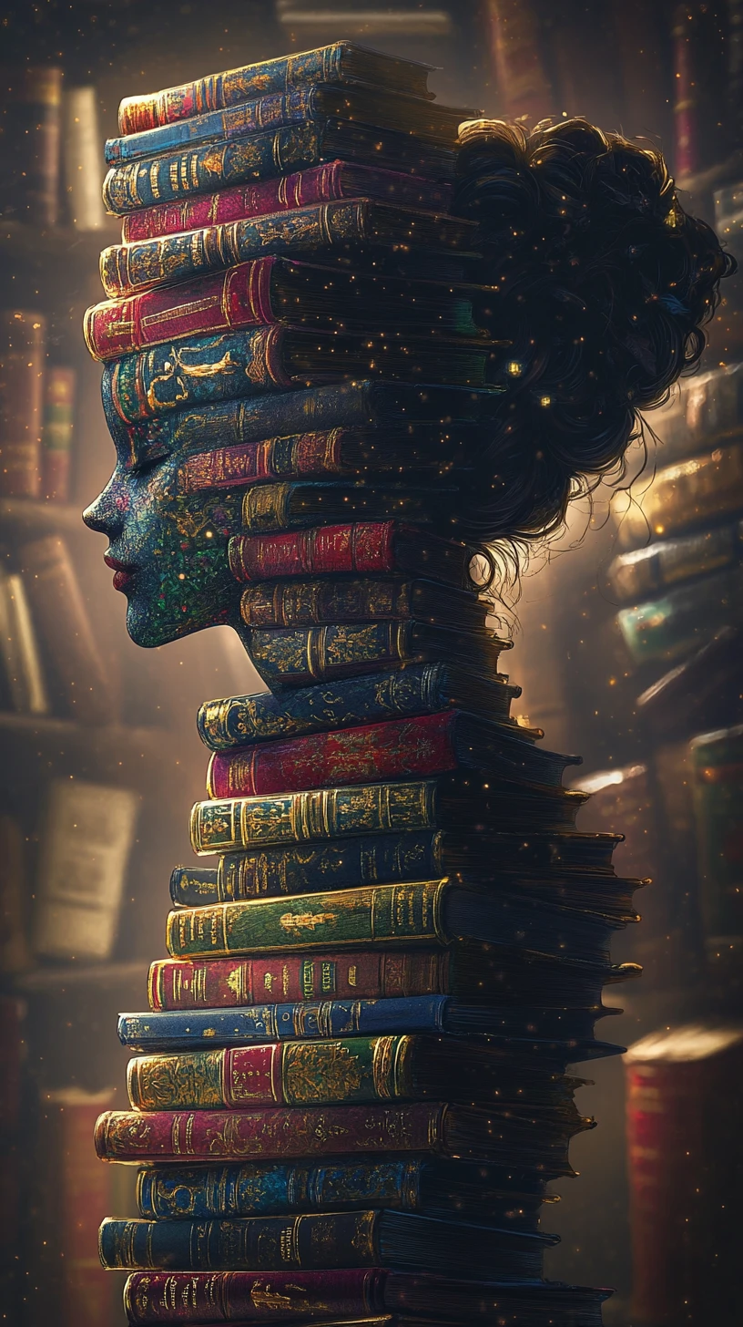 Silhouette Figure Built From Stacked Antique Books