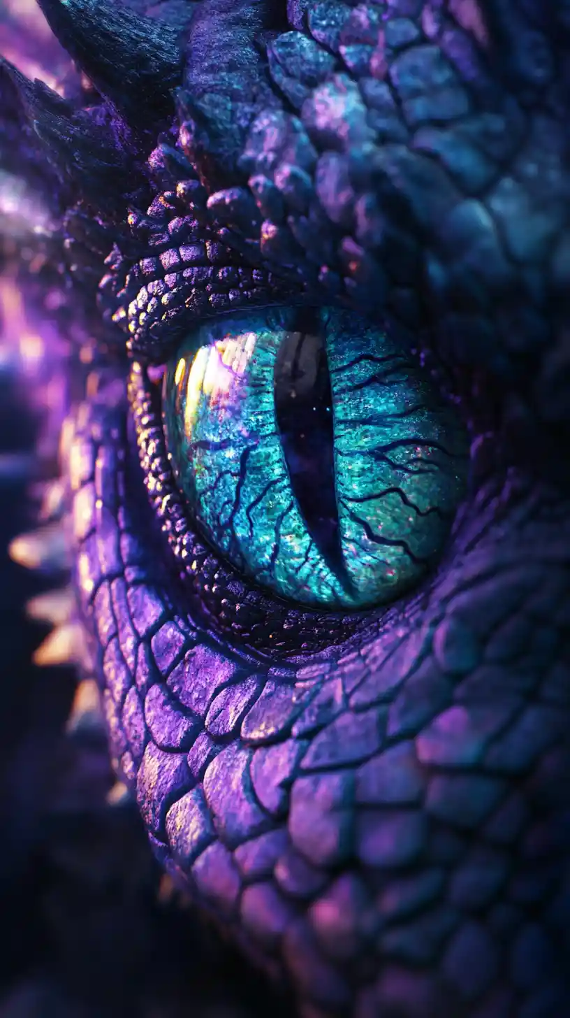 Extreme close up of a glowing dragon eye in shadow