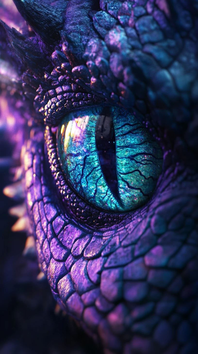 Extreme close up of a glowing dragon eye in shadow