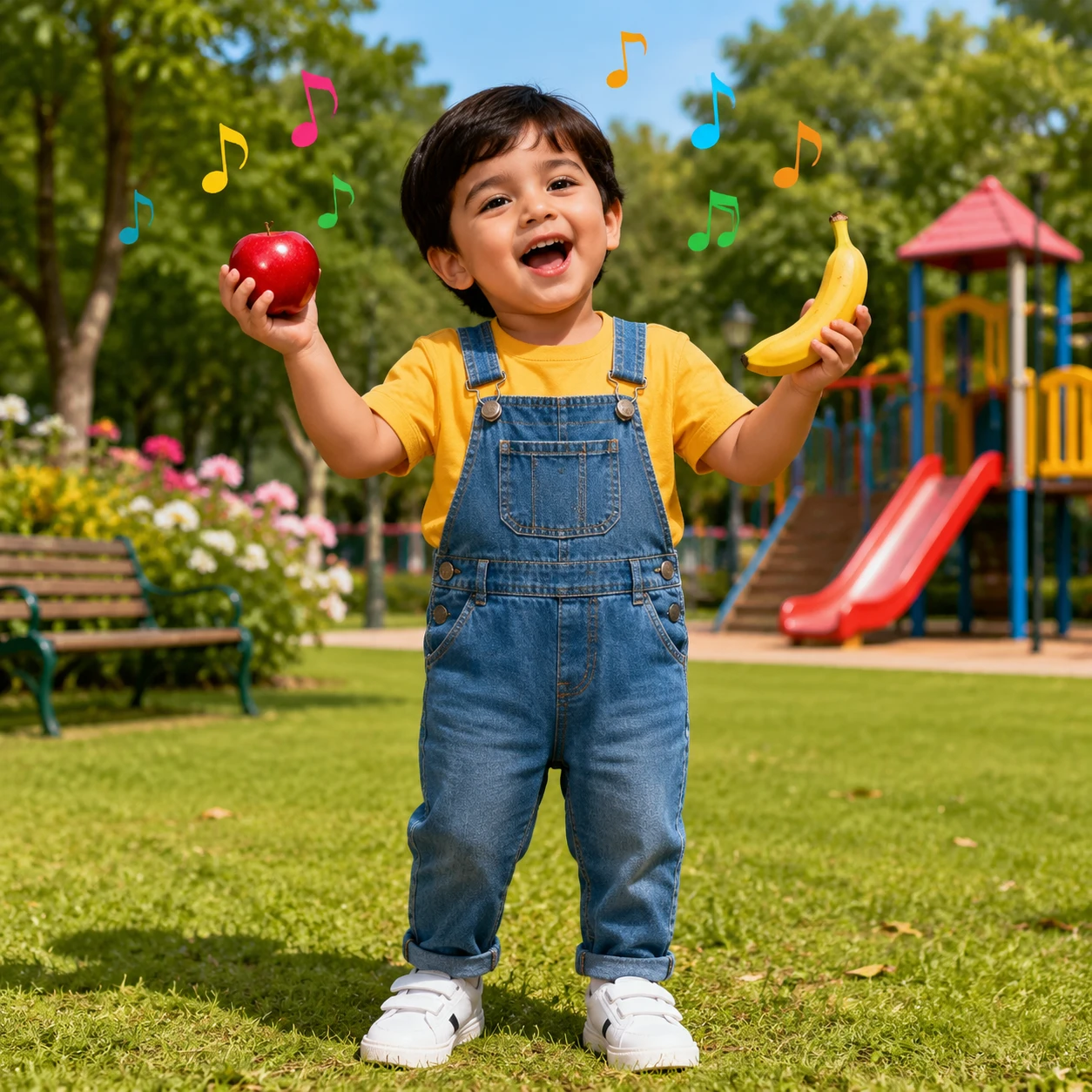 Young boy playing joyfully in a sunny park