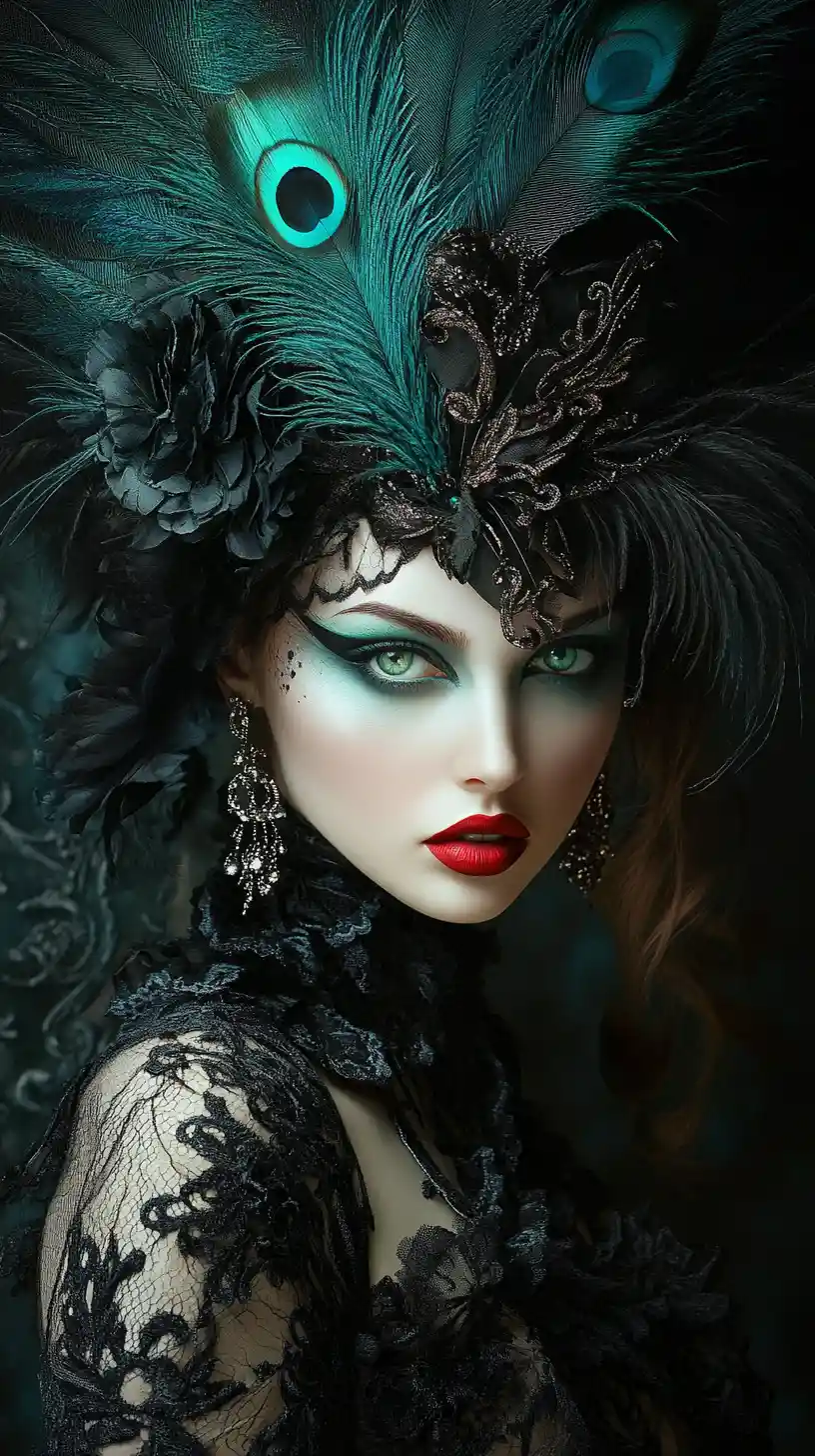 Glamorous woman in feathers with smoky abstract background