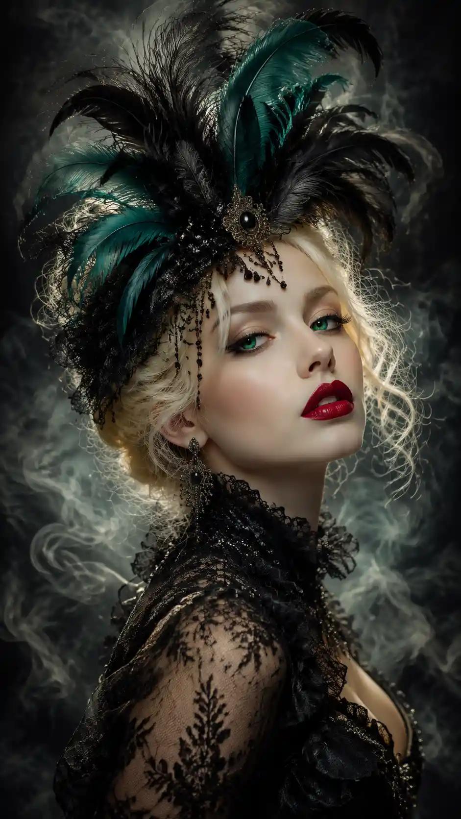 Woman in feathered headpiece with bold red lips portrait