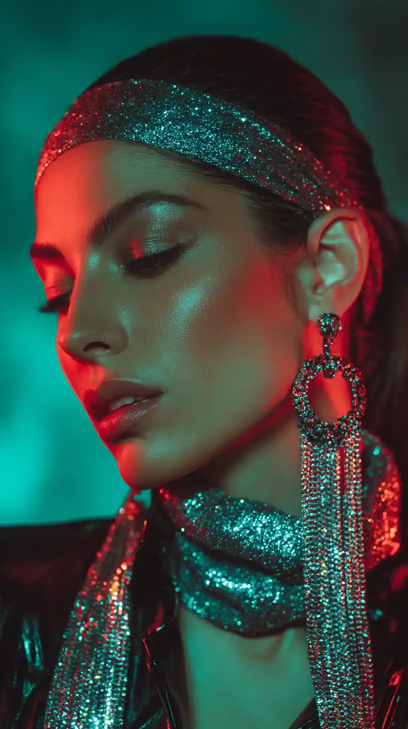 Close up woman with silver headband and bold earrings