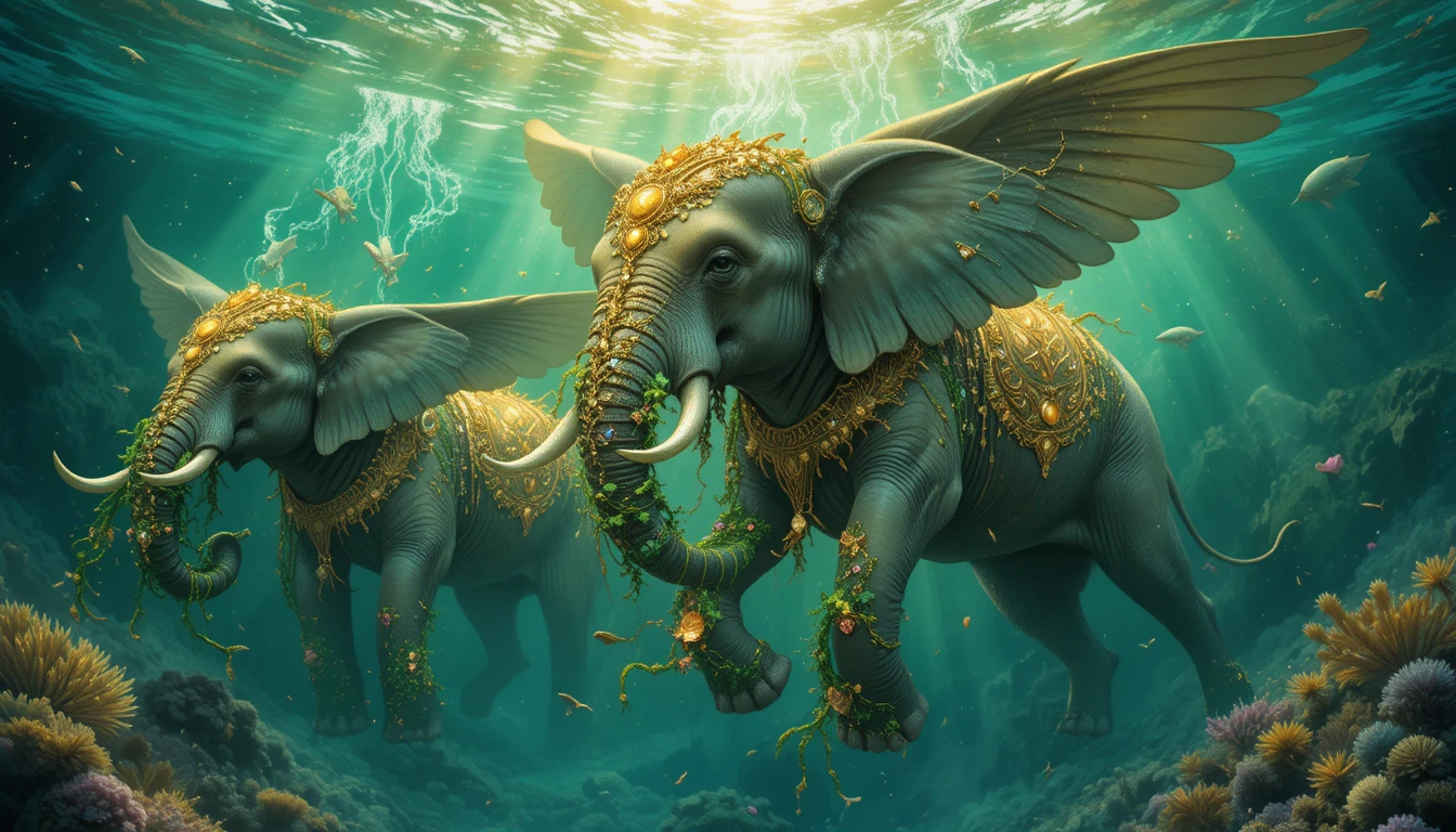 Majestic flying elephants drifting through a mystical green ocean