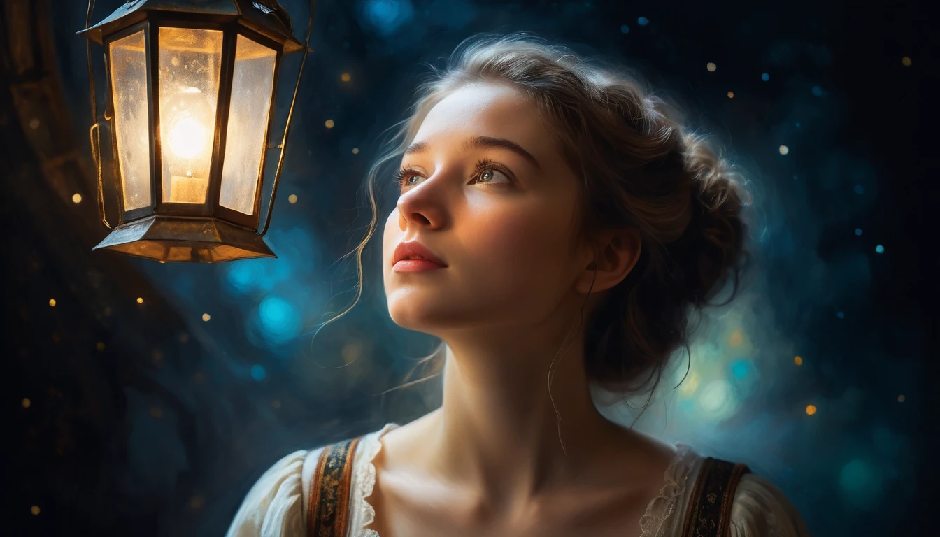 Young woman looking upward in dramatic lantern lit portrait