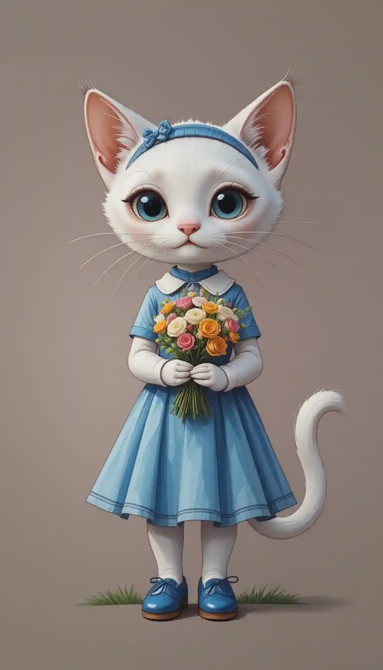 Anthropomorphic white cat in blue dress holding spring bouquet