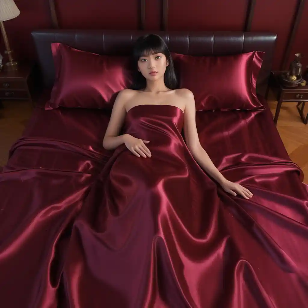Japanese woman lying on glossy maroon satin bed sheets