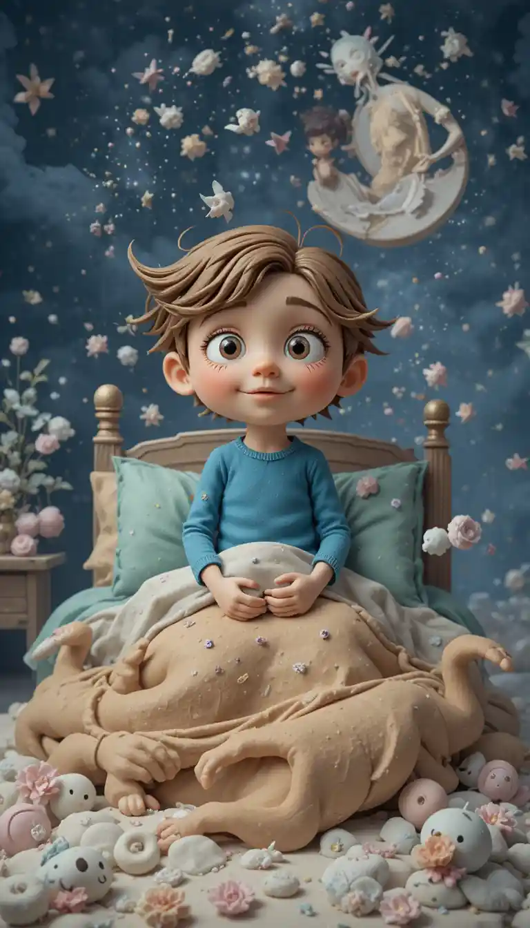 Childlike illustration of a simple bed in soft clay style