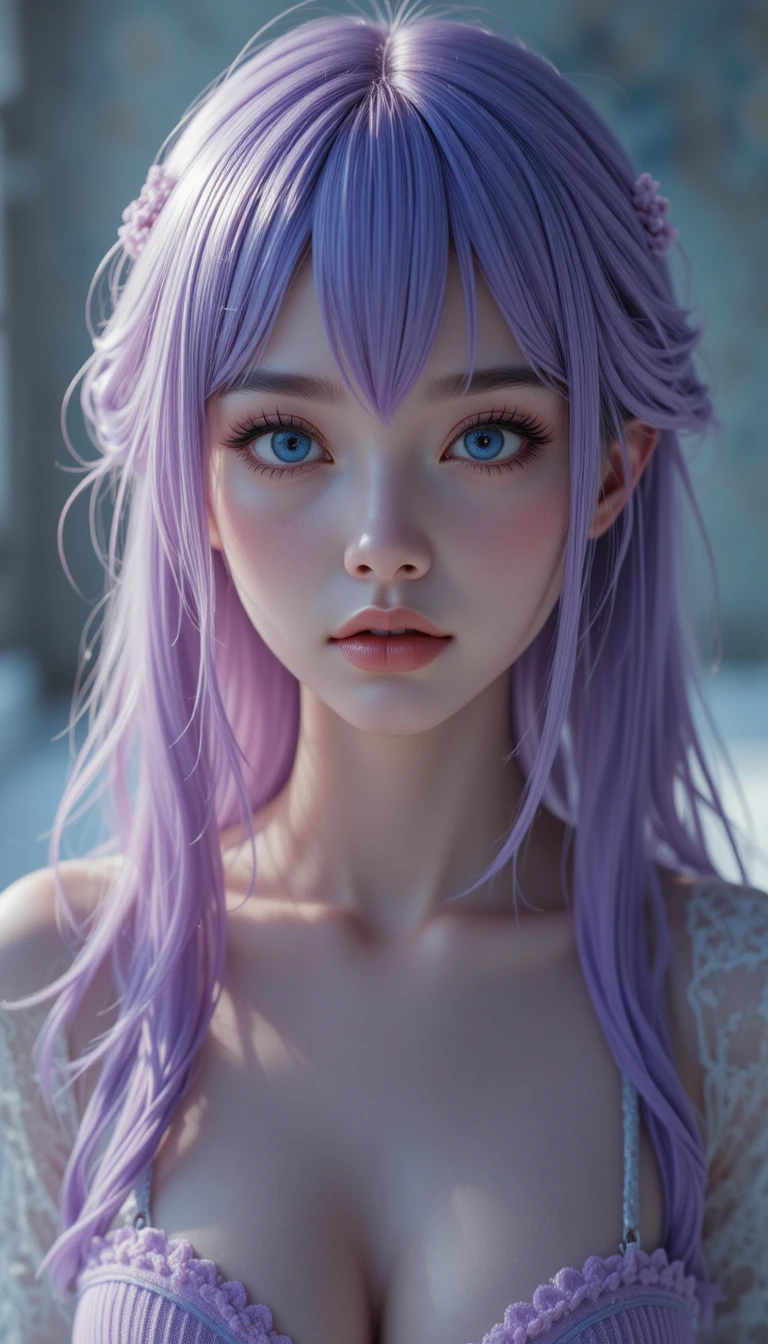 Photorealistic anime woman with violet outfit in surreal space
