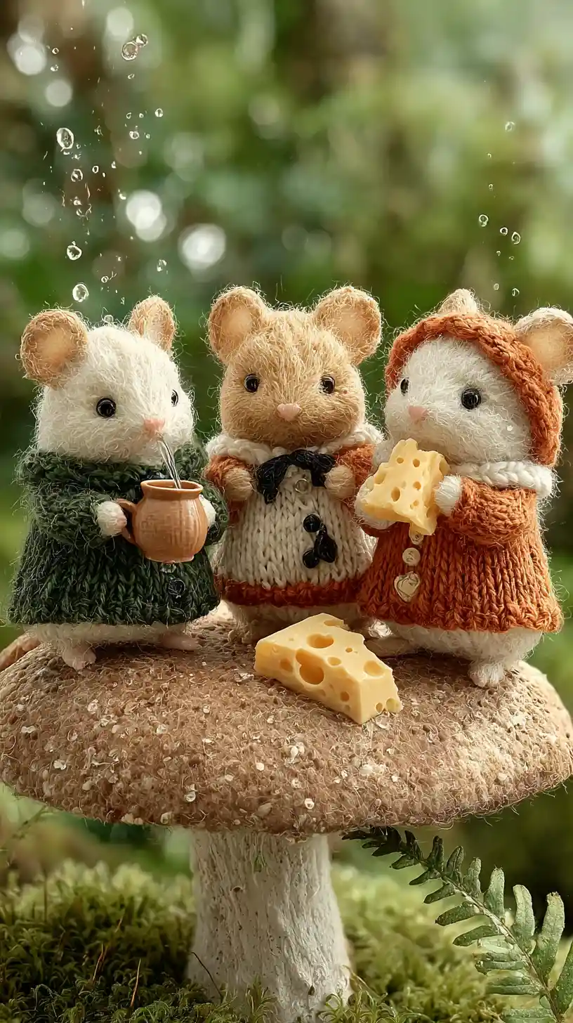 Three tiny mice sharing tea on a mushroom cap