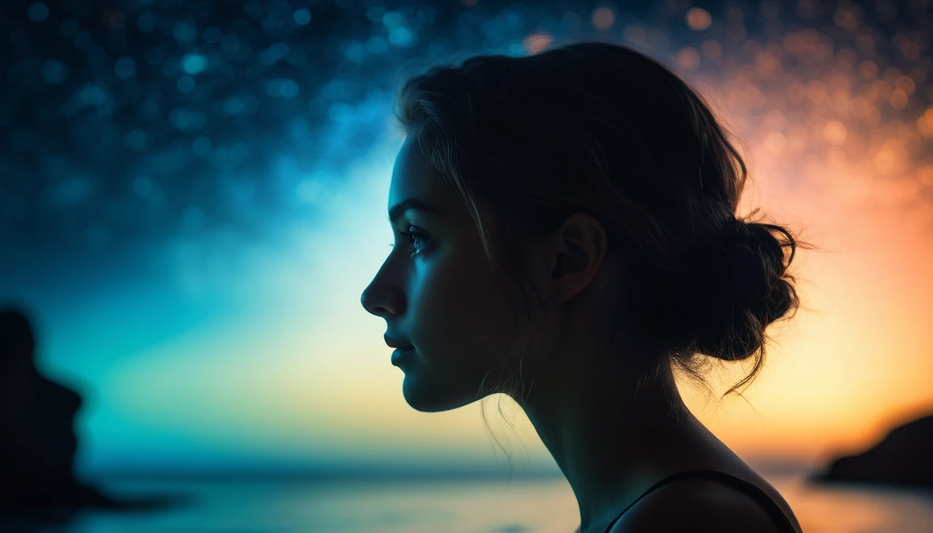 Young woman in profile before a glowing coral reef painting