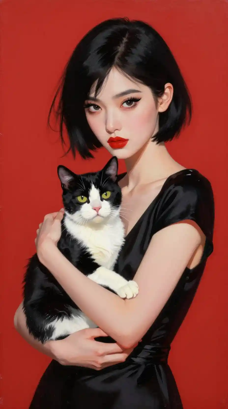 Woman holding tuxedo cat against bold red background