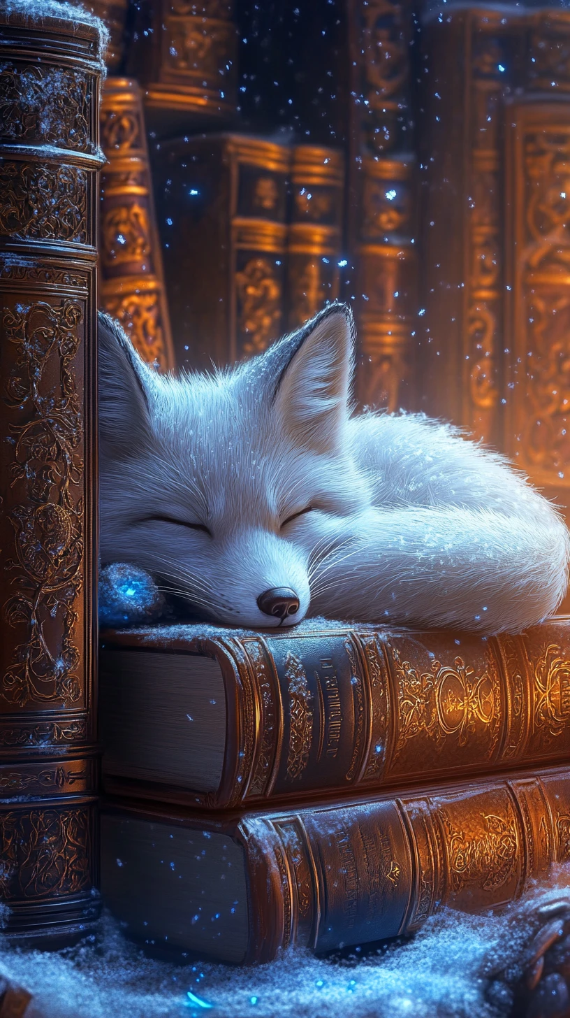Arctic Fox Resting Among Frosted Spellbooks In Library