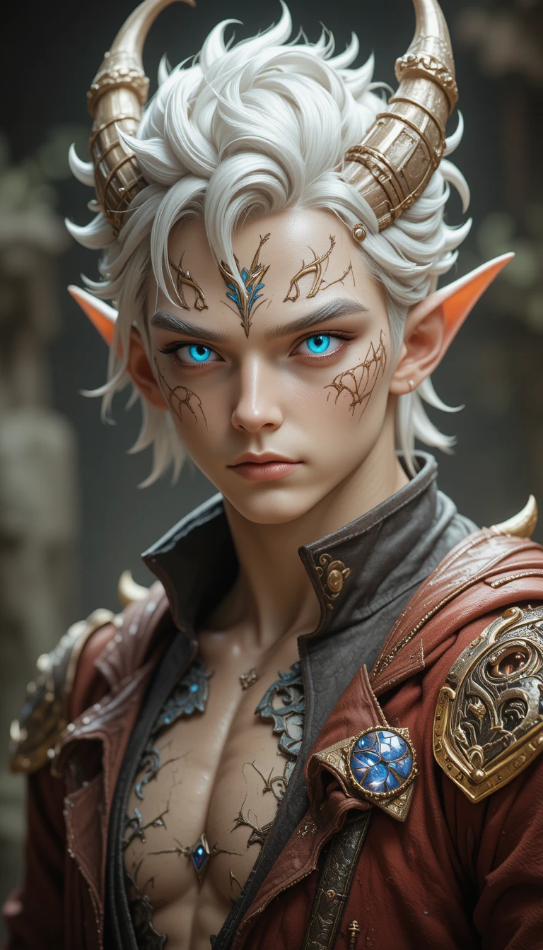 Young dragon man with antlers and glowing blue eyes