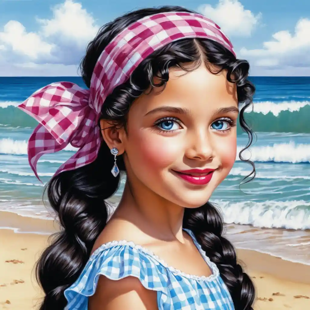 Smiling girl with long curly hair in summer outfit
