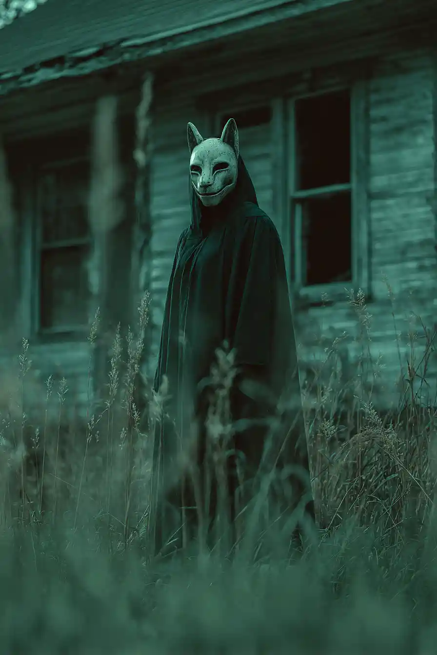 Masked figure before eerie abandoned house in cinematic fog