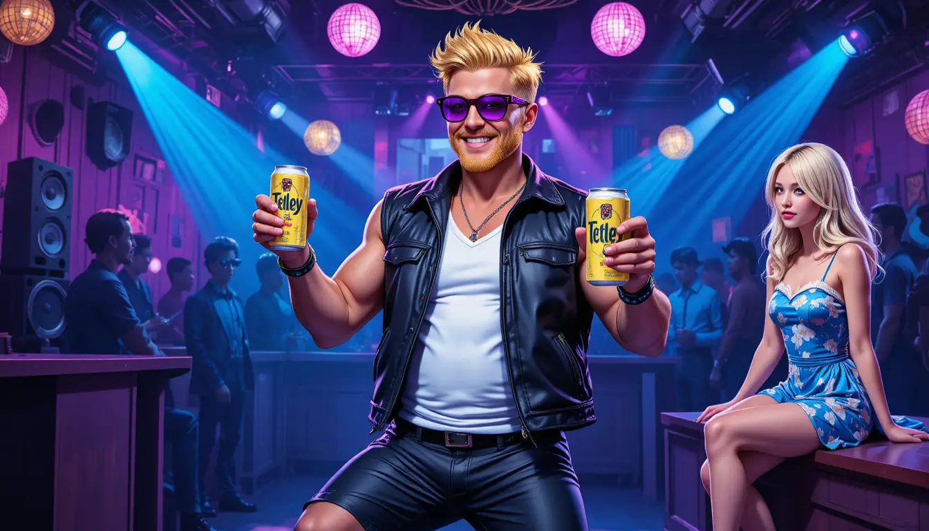 Dancing man with soda cans in a colorful nightclub