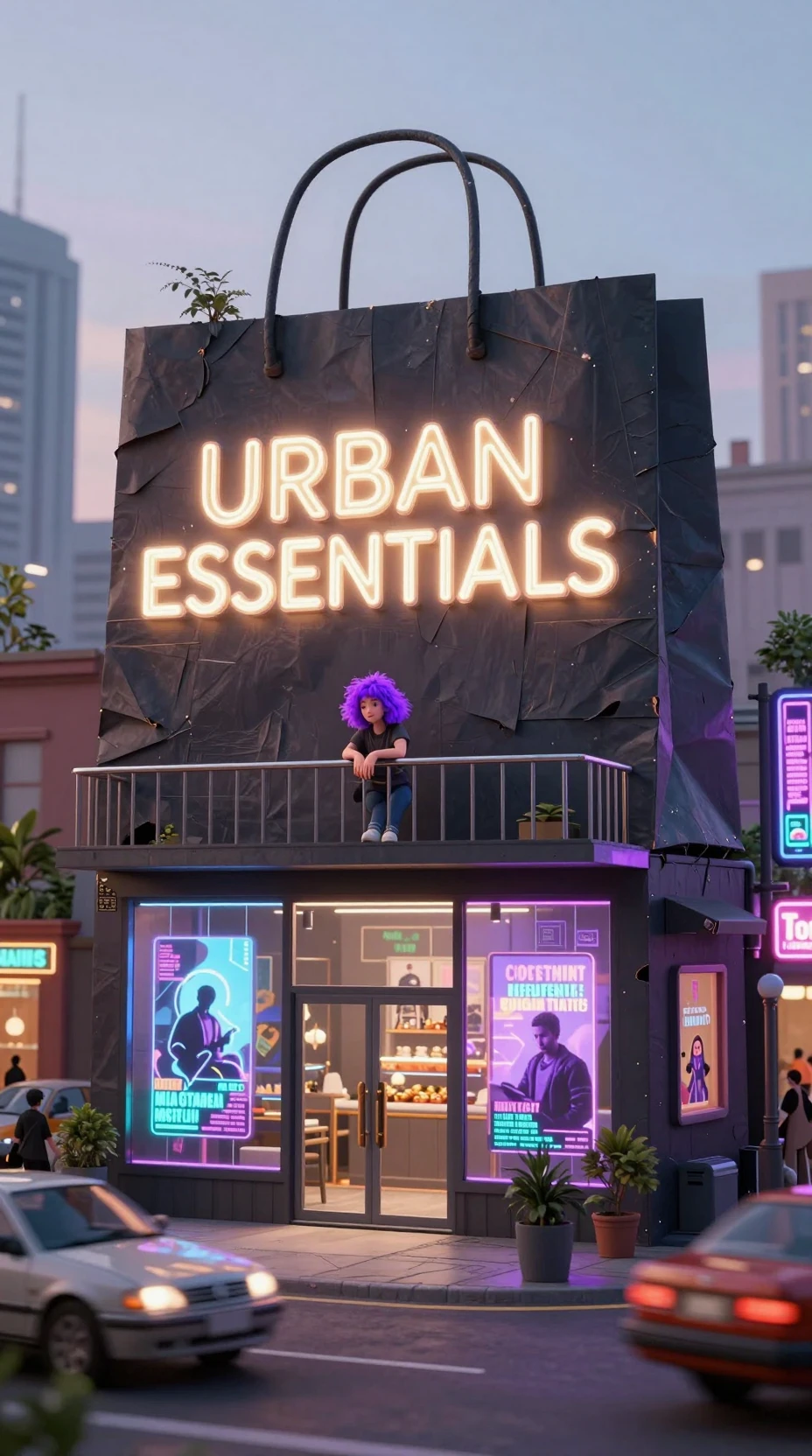Giant shopping bag building on a neon city street corner