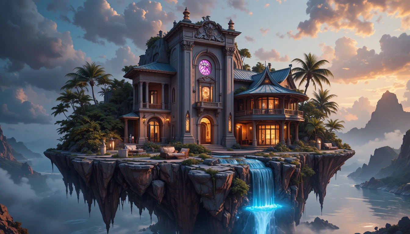 Floating island temple diorama with neon lit greek goddess carvings