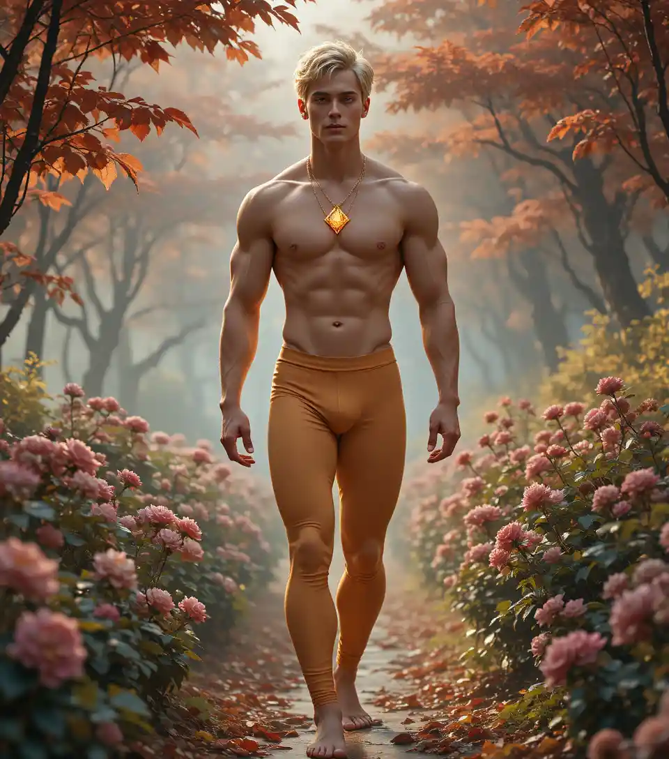 Young blond man walking barefoot in an autumn garden