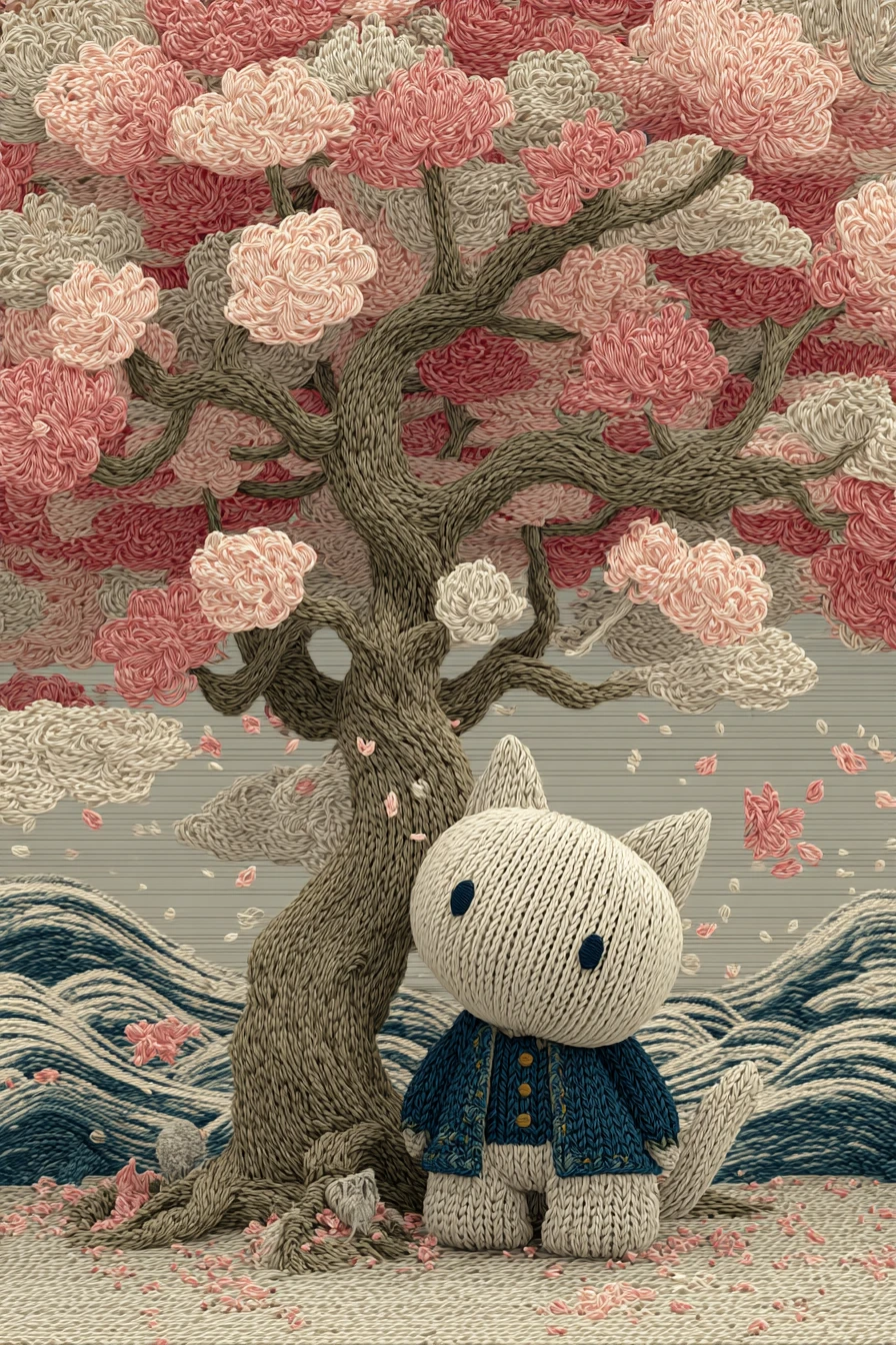 Ukiyo e amigurumi cat beneath a cherry blossom tree