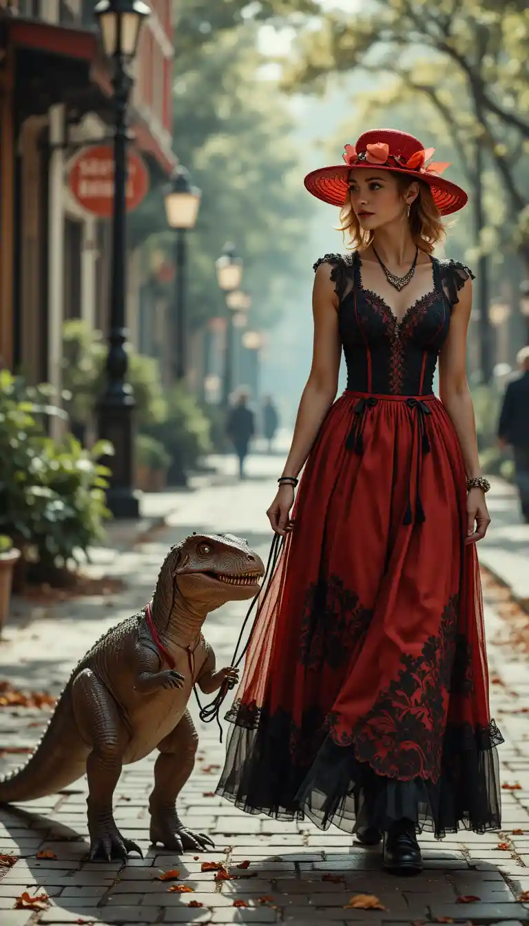 Woman walking miniature t rex on a city sidewalk
