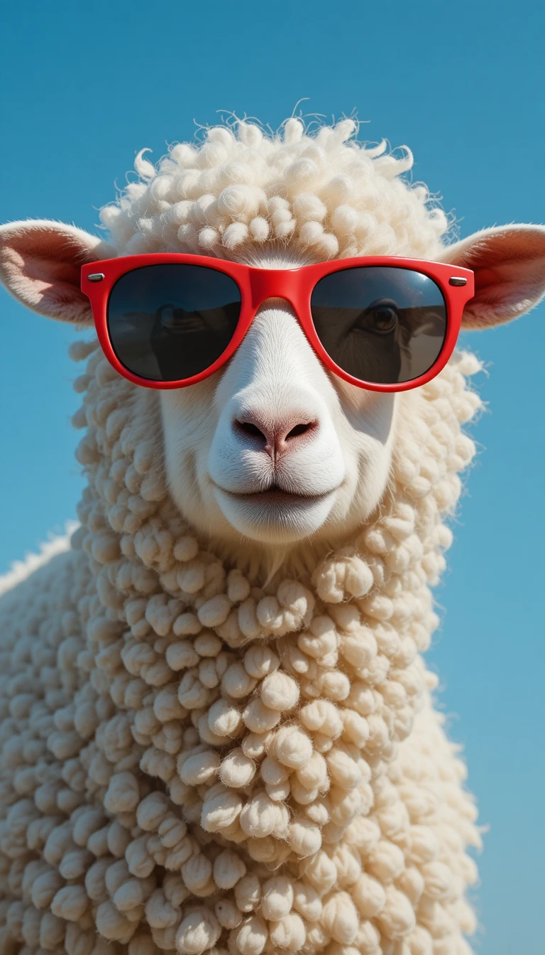 Cool sheep in red sunglasses against clear blue sky