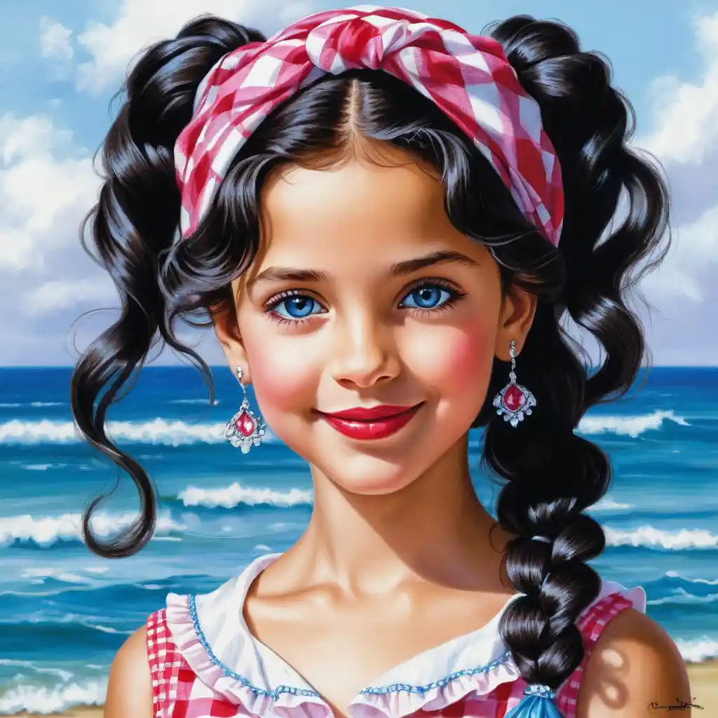 Smiling girl with fishtail braid in summer headscarf