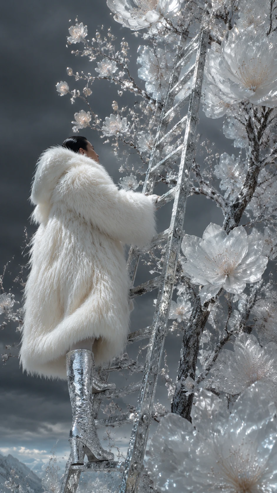 Mujer subiendo una escalera helada en un árbol invernal surrealista