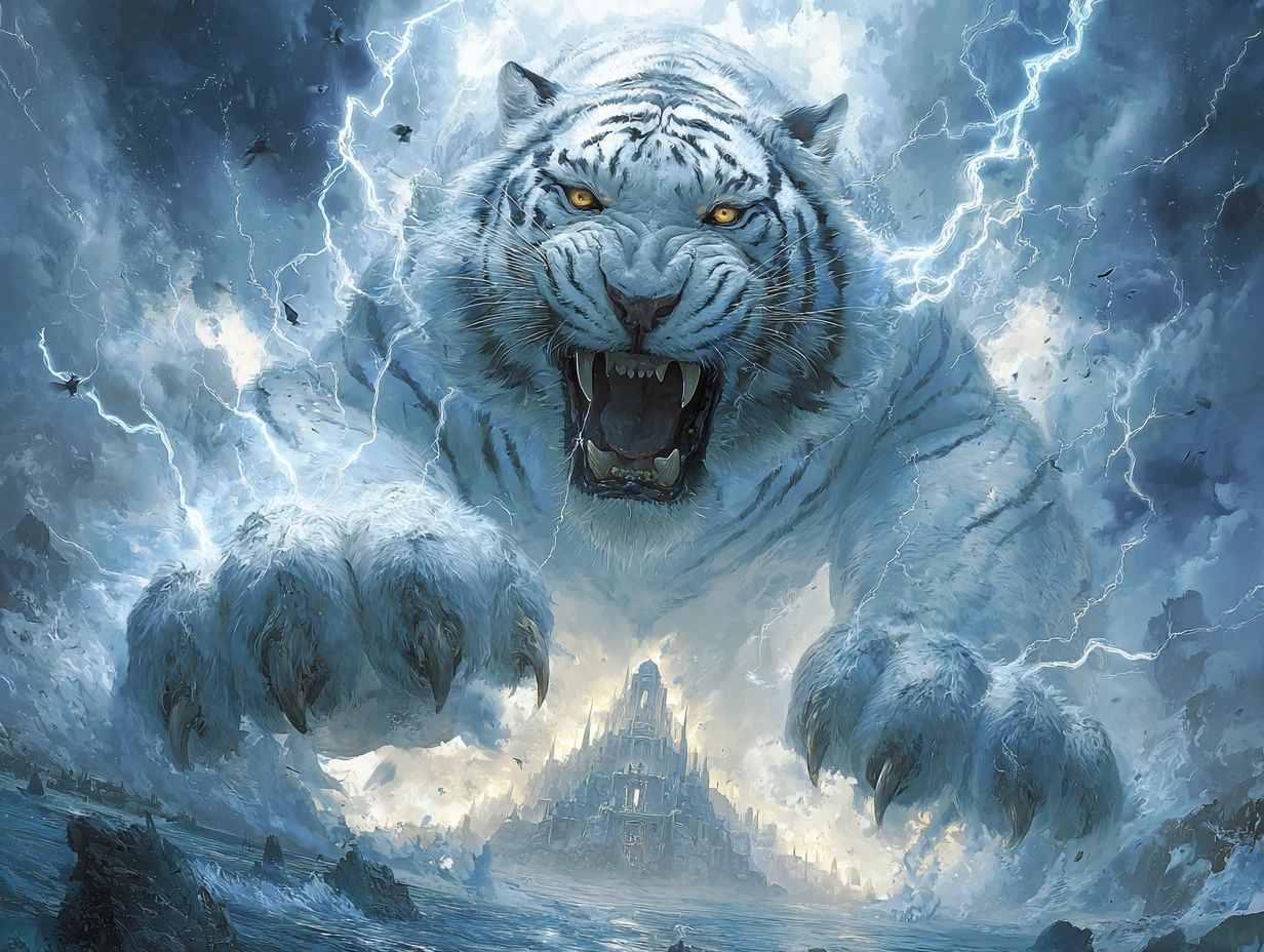 Gigantic White Tiger Descends From A Throne Of Storm Clouds