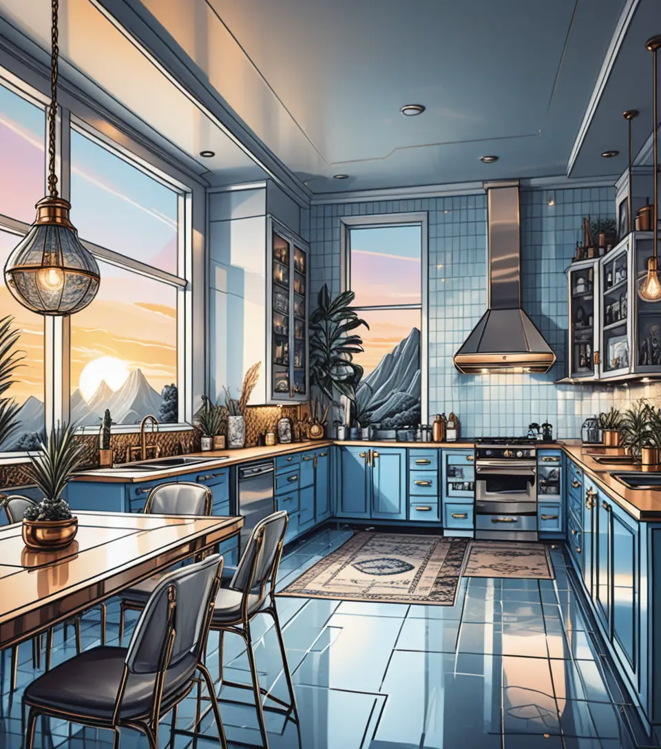 Isometric miniature dining room with loft bedroom and water