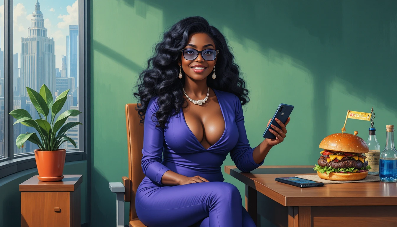 Curvy cartoon woman in messy creative office interior