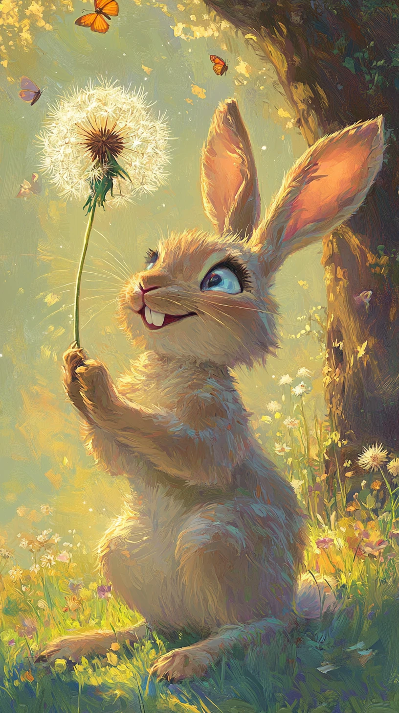晴れた草原のたんぽぽとかわいいカートゥーンの野うさぎ