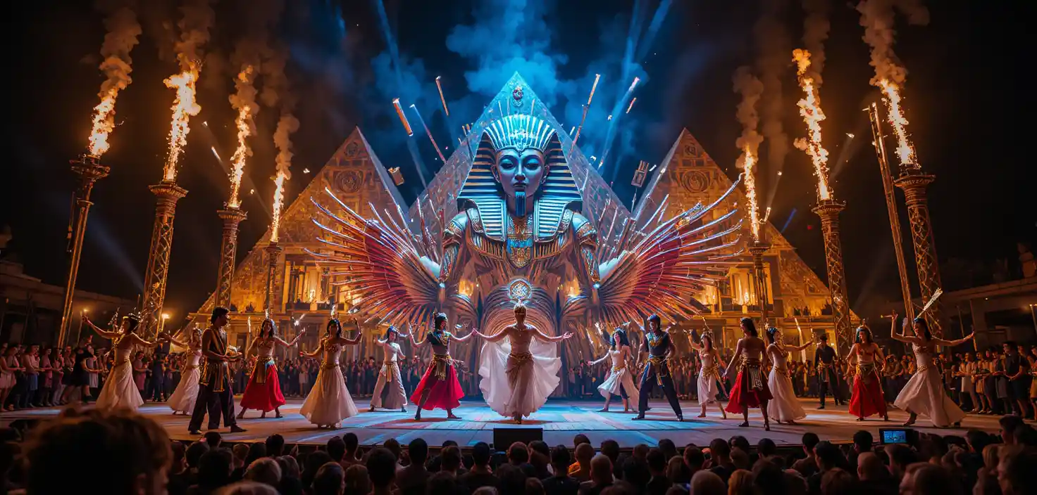 Egyptian themed live show with dancers on golden stage