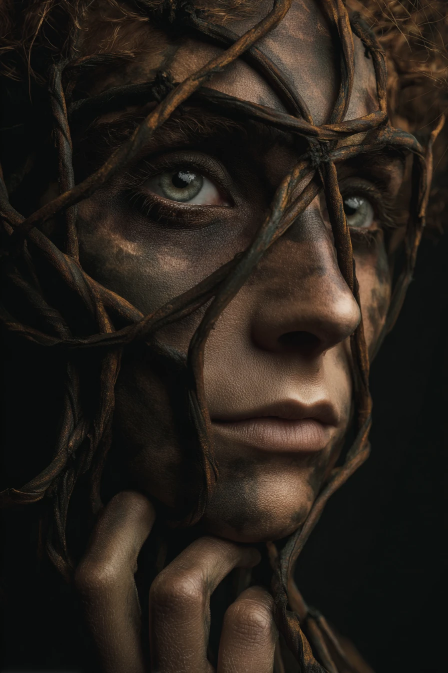 Surreal woman trapped in dark organic tendrils