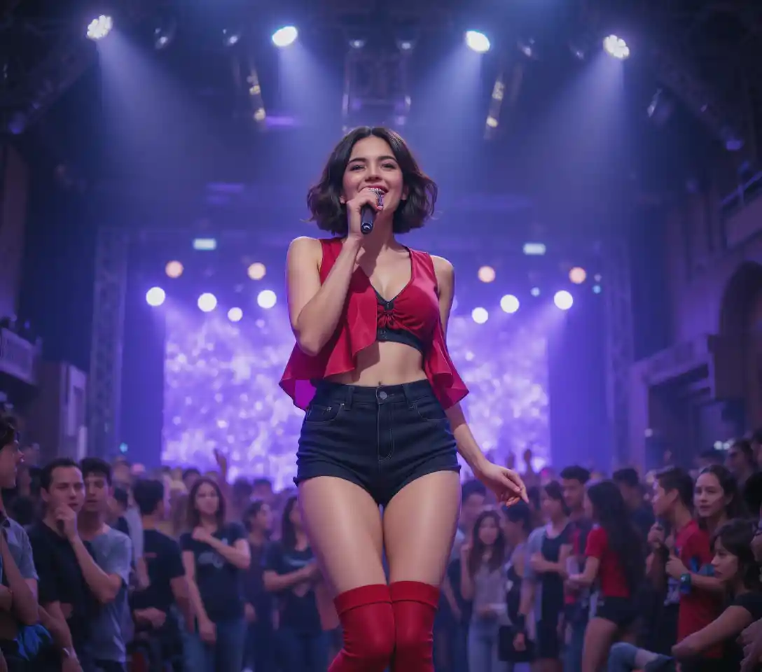 Smiling brunette singer on stage in red jacket