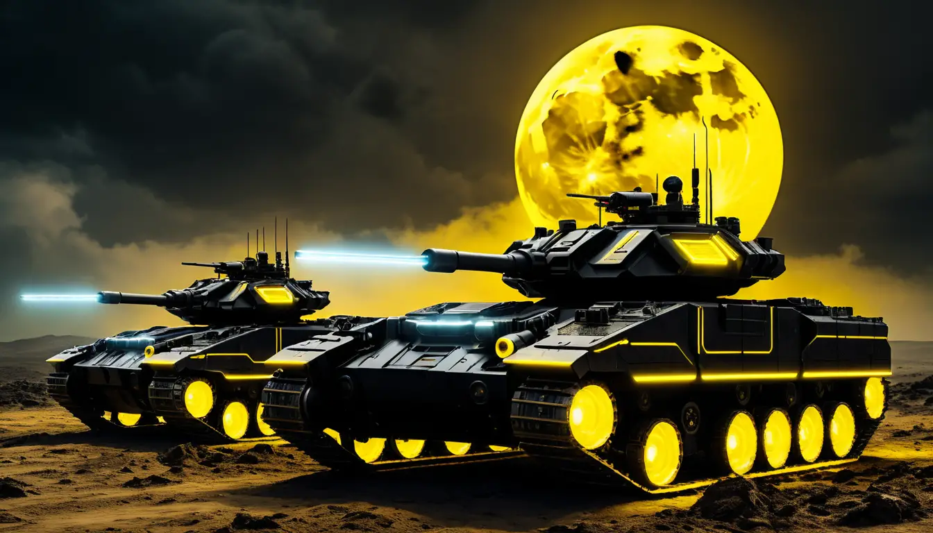 Futuristic robotic tanks lined up on a neon lit moon