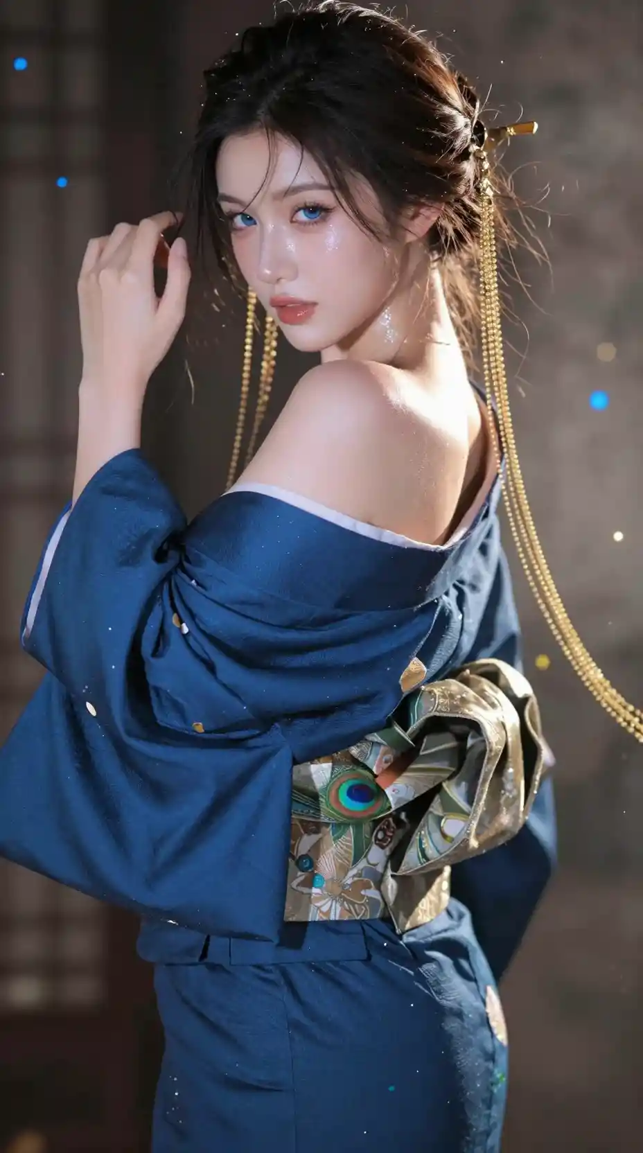 Sensual woman in blue kimono turning with soft bokeh