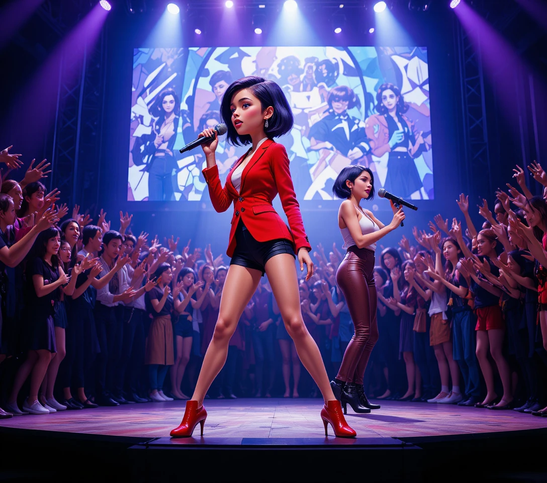 Young singer in red blazer performing on concert stage
