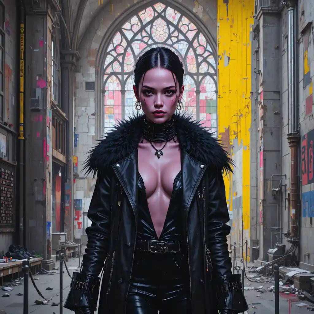 Cyberpunk woman mural in flooded industrial cathedral