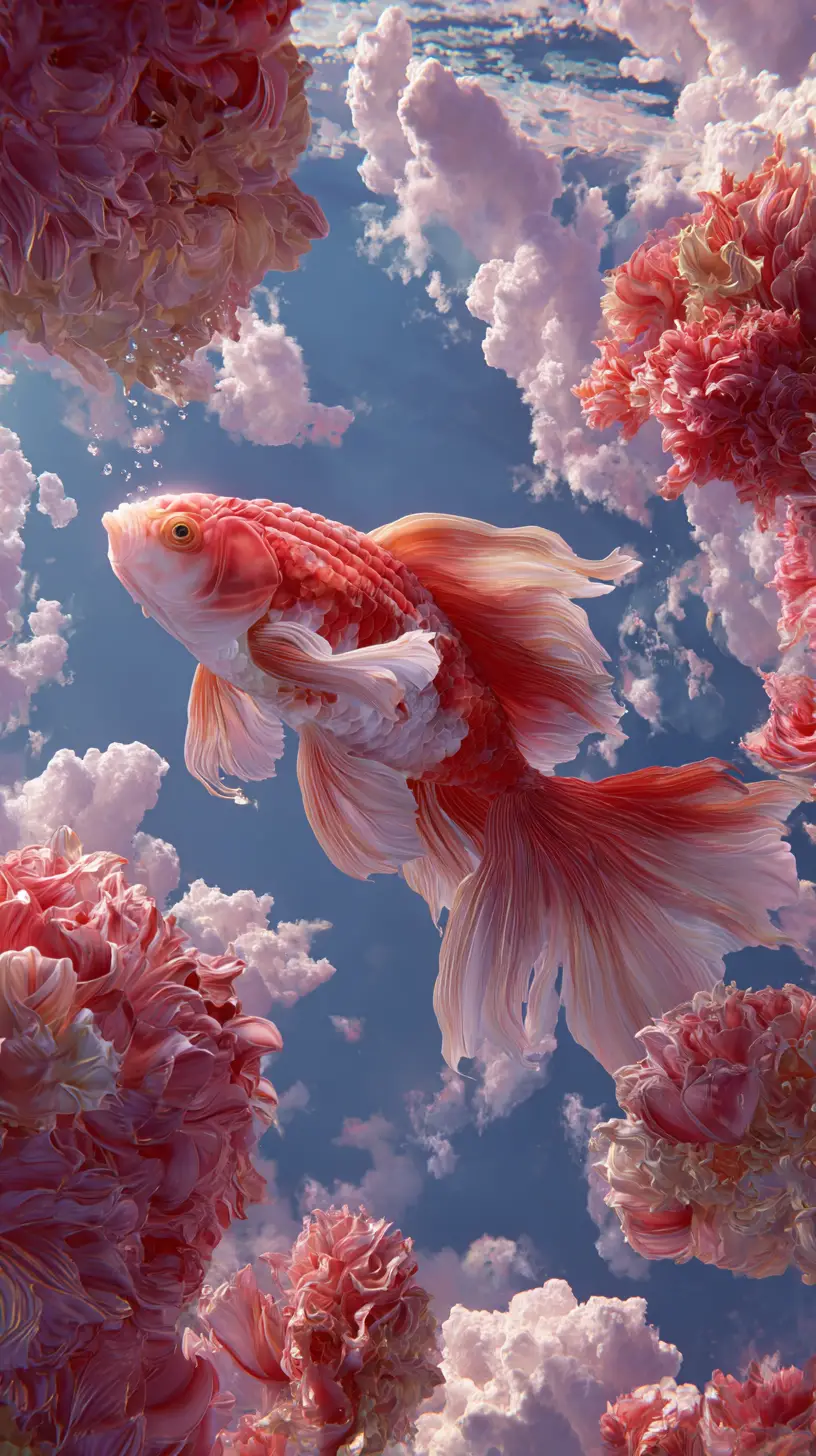 Surreal Koi Fish Floating Between Dreamlike Garden Islands