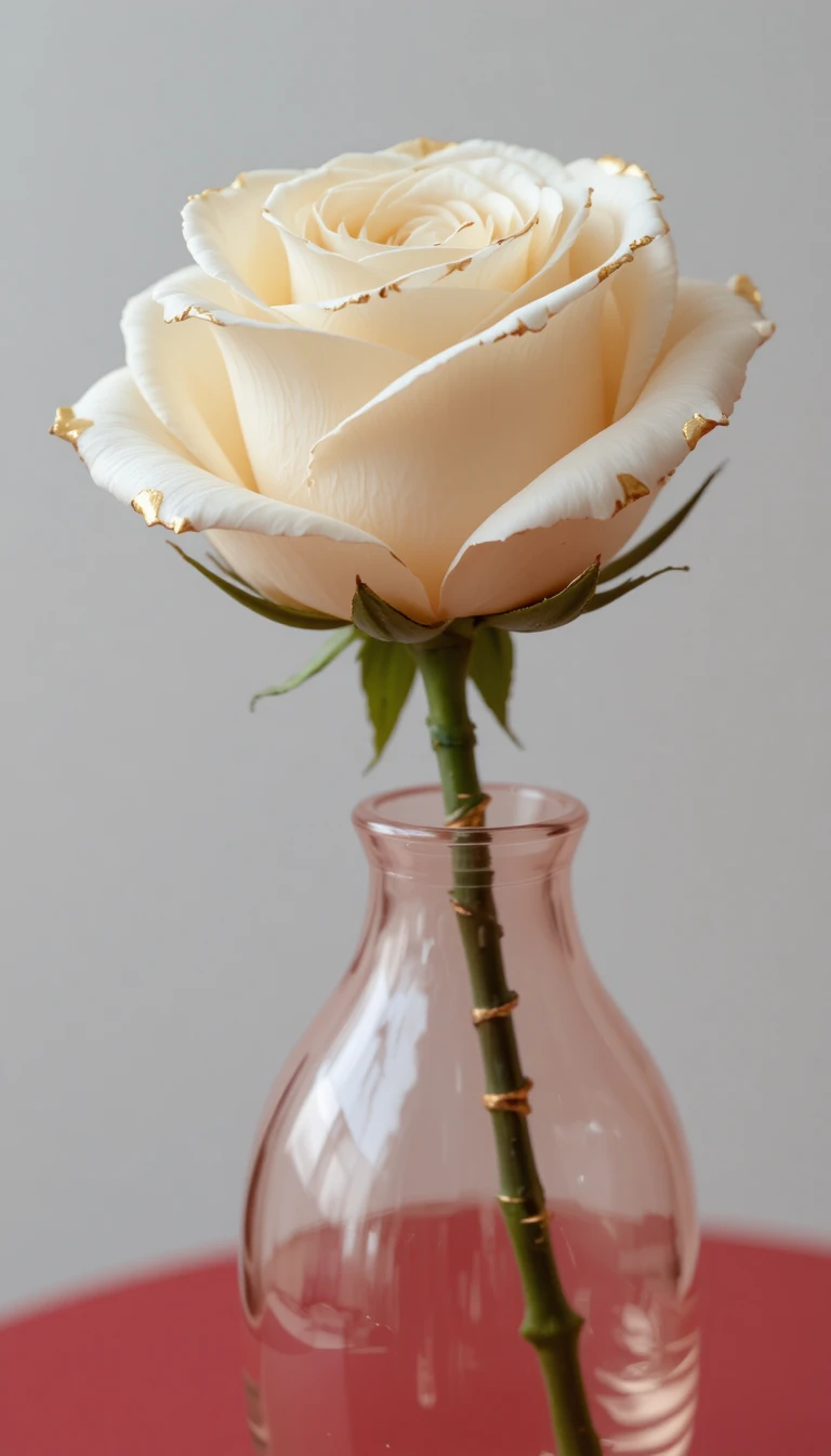Single white rose in a blush pink glass vase on red table