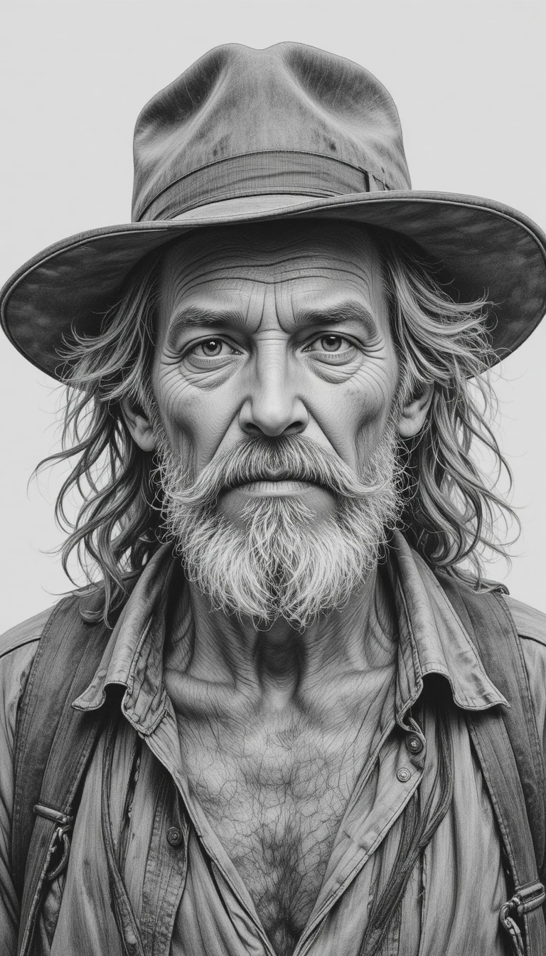 Realistic pencil portrait of an old man in a worn hat