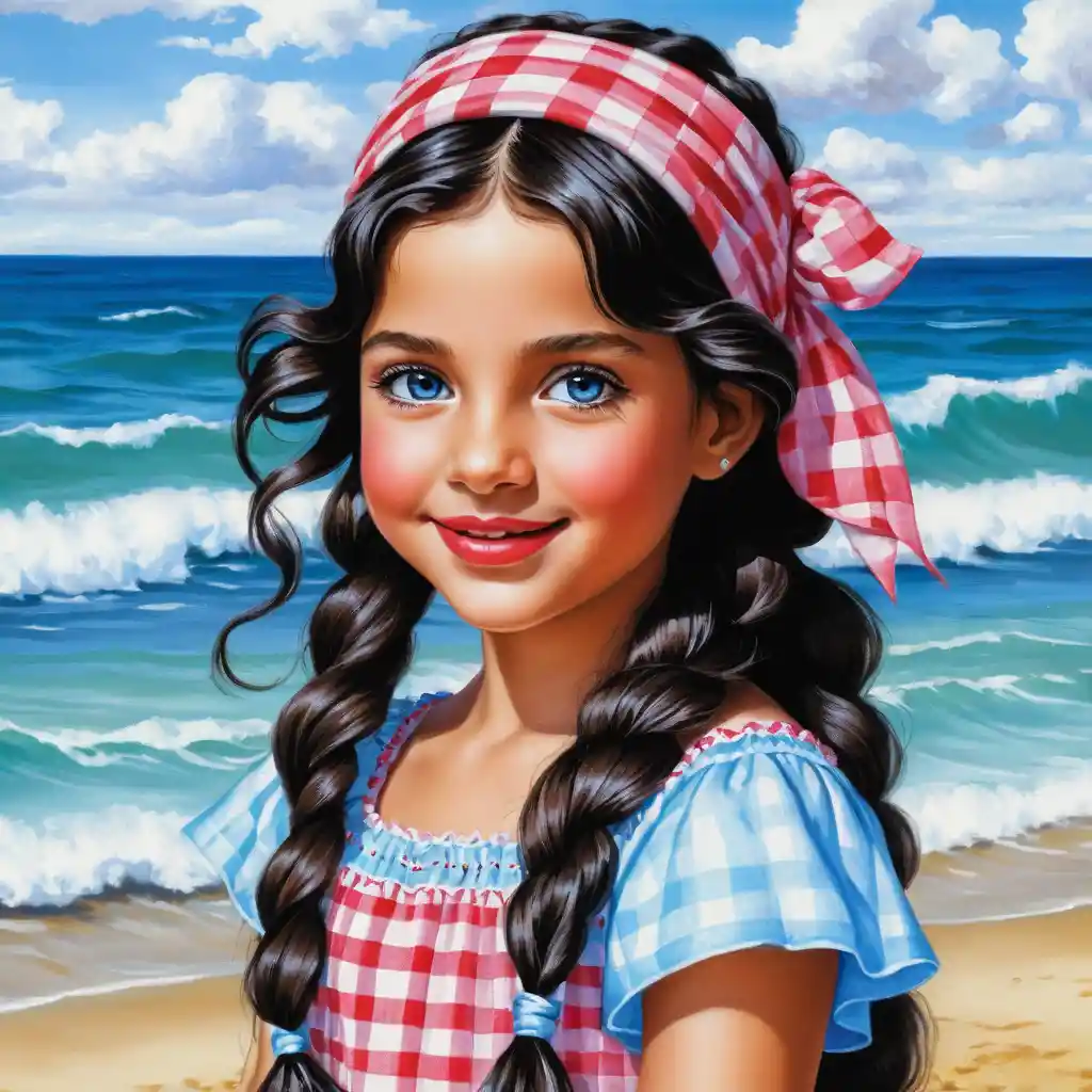 Smiling girl with braid in pink headscarf summer portrait