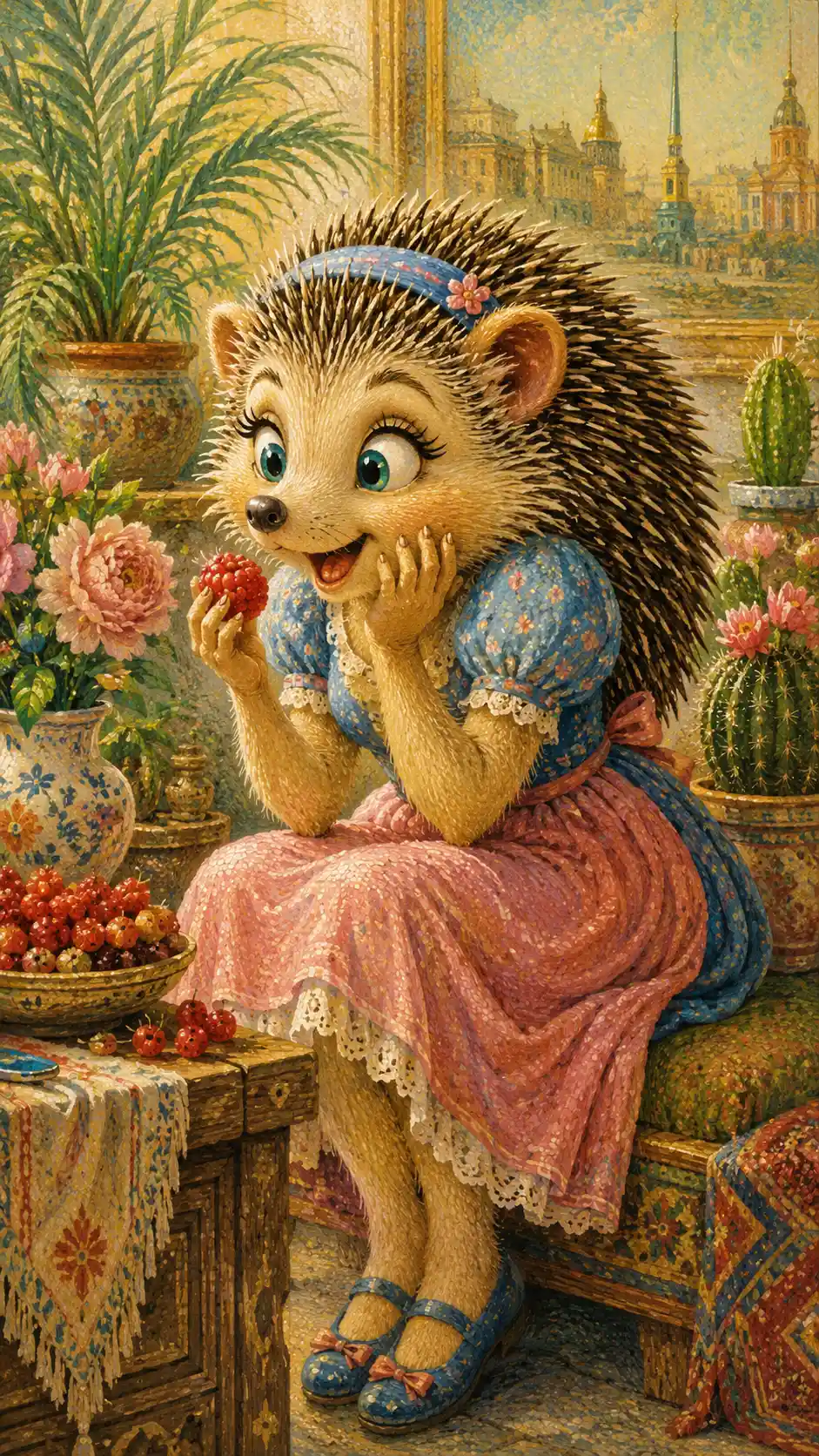 Anthropomorphic female hedgehog in blue dress sitting happily